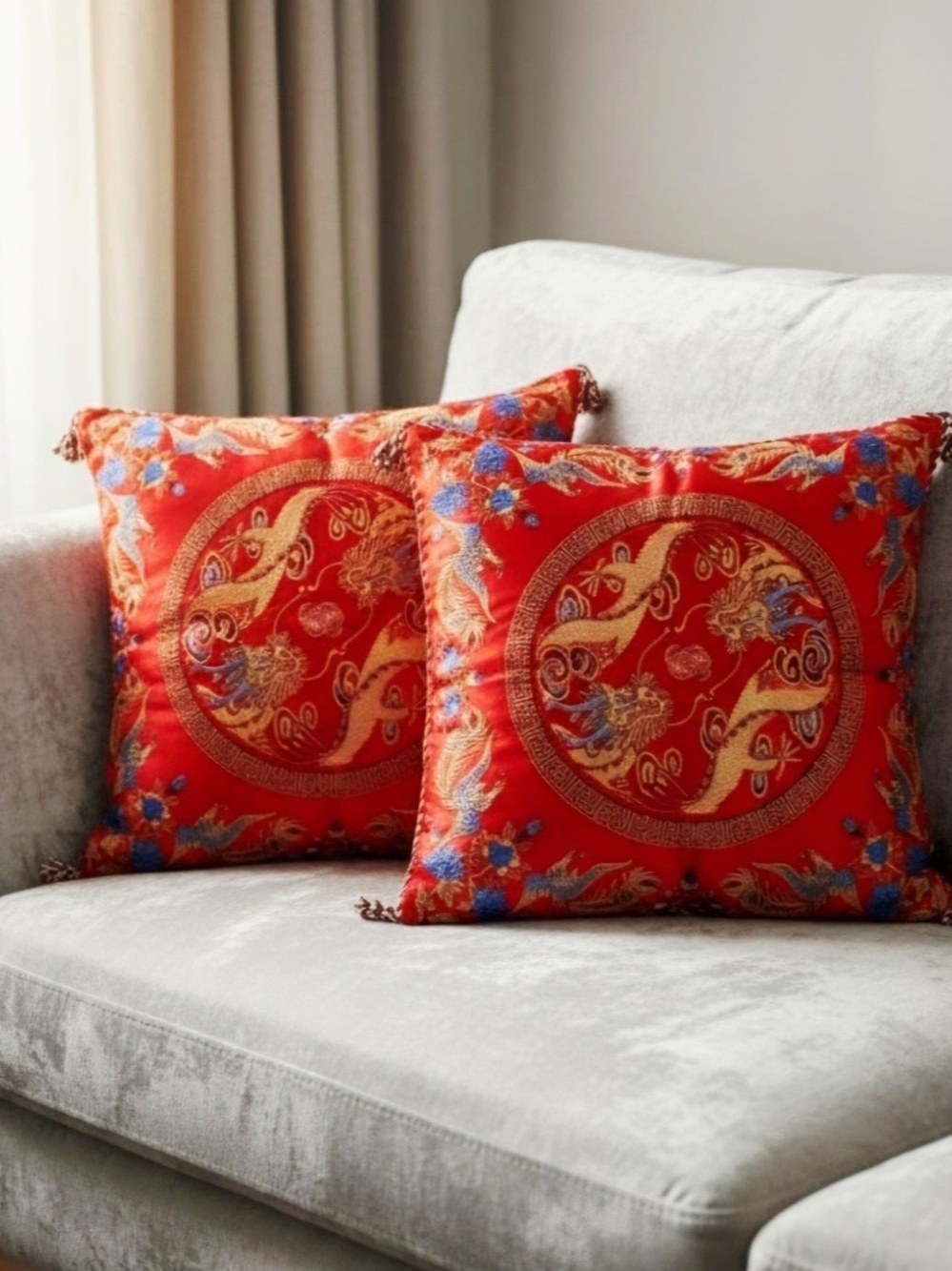 Oriental Red Dragon And Phoenix Decorative Pillow Cases 17.5"×17.5"
